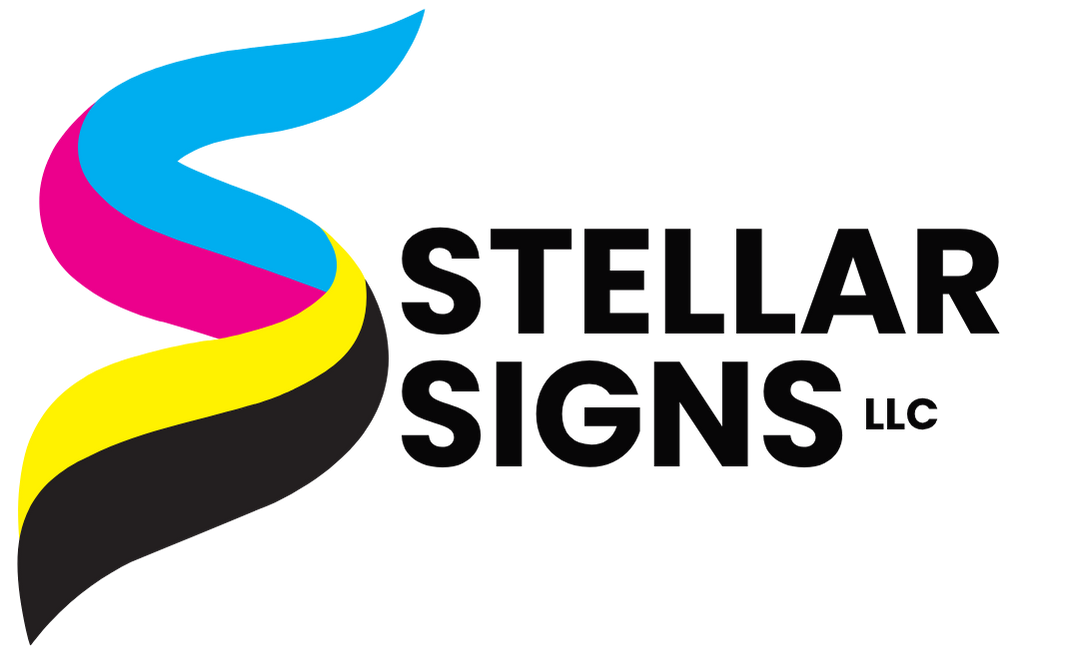Stellar Signs LLC logo featuring a colorful ribbon 'S' with cyan, magenta, yellow, and black accents next to the company name in bold black letters.